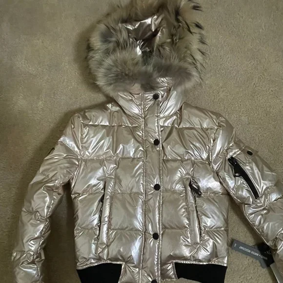 NWT! Skyler fur trimmed down bomber jacket in white gold